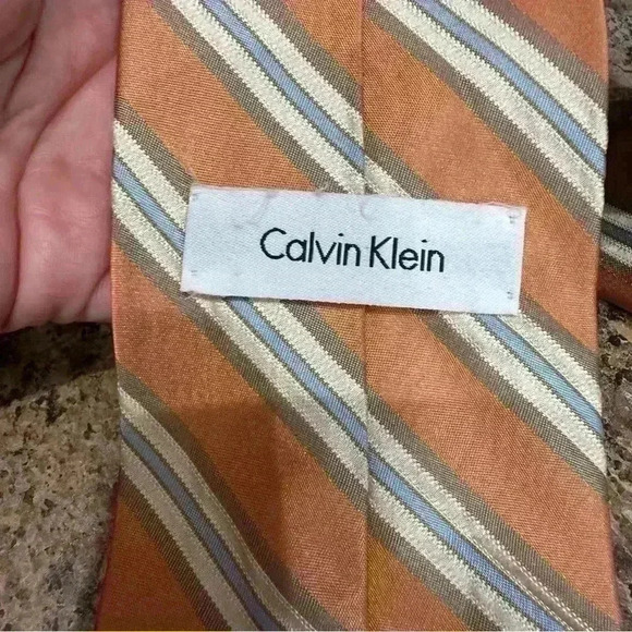 Calvin Klein 100% Silk Necktie Orange Beige Striped Dress Tie Business - Picture 4 of 5